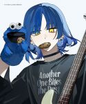  1girl black_choker black_shirt blue_hair bocchi_the_rock! choker clothes_writing cookie_monster earrings food grey_background hand_puppet highres instrument jewelry k00s long_sleeves looking_at_viewer mouth_hold puppet sesame_street shirt short_hair simple_background solo upper_body yamada_ryou yellow_eyes 
