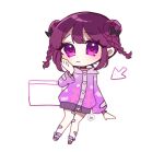  1girl bandaid bandaid_on_leg bow braid candy_print chibi closed_mouth commentary_request cursor denonbu double_bun full_body hair_bow hair_bun highres hood hoodie inubousaki_shian kodama_new long_hair long_sleeves looking_at_viewer pill_print purple_eyes purple_hair purple_hoodie simple_background solo standing twin_braids white_background window_(computing) 