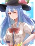  1girl ;) aridamikannn black_headwear blue_background blue_hair border bow bowtie breasts buttons center_frills closed_mouth collared_shirt dress_shirt frills hand_on_own_hip hat highres hinanawi_tenshi leaf_hat_ornament light_smile long_hair looking_at_viewer one_eye_closed peach_hat_ornament puffy_short_sleeves puffy_sleeves rainbow_order red_bow red_bowtie shirt short_sleeves small_breasts smile solo touhou upper_body very_long_hair white_border 