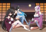  3girls alternate_breast_size bare_arms black_hair black_thighhighs blue_hair blue_thighhighs bottle breasts china_dress chinese_clothes choko_(cup) cleavage colored_inner_hair crossed_bangs cup detached_sleeves dress fake_horns full_moon grey_hair hair_between_eyes hair_ornament headgear headphones highres horns large_breasts liv_(punishing:_gray_raven) long_hair looking_at_viewer lucia:_plume_(punishing:_gray_raven) moon multicolored_hair multiple_girls pantyhose pink_eyes pink_hair playing_flute punishing:_gray_raven purple_dress putting_on_legwear red_hair sake_bottle selena_(punishing:_gray_raven) sidelocks single_bare_leg single_leg_pantyhose single_thighhigh skaven_gongcheng_shushi sleeves_past_wrists small_horns streaked_hair thighhighs transverse_flute twintails very_long_hair white_pantyhose wide_sleeves 