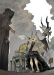  1girl :3 black_dress blue_eyes blue_gemstone bottle bracelet cane cape demizu_posuka dress flying gem grey_hair grey_ribbon hammer happy highres holding holding_hammer horns jewelry long_hair monster non-web_source original pointy_ears sandals sign sky tree water_bottle wings yawning 