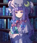  1girl blue_bow blue_ribbon blunt_bangs blush book bookshelf bow bowtie capelet closed_mouth dress frilled_capelet frilled_sleeves frills hair_bow hat hat_ribbon highres holding holding_book long_hair long_sleeves looking_at_viewer nauka patchouli_knowledge purple_eyes purple_hair red_bow red_bowtie red_ribbon ribbon sidelocks smile solo touhou upper_body white_capelet white_dress white_headwear wide_sleeves 