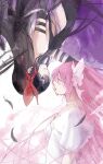  2girls akemi_homura akuma_homura black_dress black_hair bow dress finger_to_another&#039;s_mouth hair_bow hand_on_another&#039;s_face highres imminent_kiss kaname_madoka kiss long_hair looking_at_another mahou_shoujo_madoka_magica mahou_shoujo_madoka_magica:_hangyaku_no_monogatari mahou_shoujo_madoka_magica_(anime) multiple_girls pink_hair purple_eyes red_bow ultimate_madoka upside-down_kiss white_bow white_dress yellow_eyes yuri yuuhan_(ajke4222) 