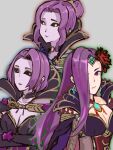  3girls absurdres black_sclera blue_gemstone breasts bright_pupils brown_eyes cape capelet choker circlet cleavage colored_sclera colored_skin diamond_earrings dress earrings eyeshadow fire_emblem fire_emblem_echoes:_shadows_of_valentia fire_emblem_heroes flower gem gloves gold_trim graffiti_uthn hair_bun hair_flower hair_ornament hestia_(fire_emblem) high_collar highres jewelry large_breasts long_hair looking_at_viewer makeup marla_(fire_emblem) mature_female multiple_girls official_alternate_costume purple_eyeshadow purple_hair purple_lips purple_skin short_hair siblings simple_background sisters sonya_(fire_emblem) white_pupils witch 