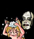  1girl animal_ears black_background blonde_hair blush closed_eyes closed_mouth dot_nose fox_ears fox_girl fox_tail kasuya_baian kudamaki_tsukasa medium_hair michael_jackson nude scared simple_background soap_bubbles tail touhou upper_body washing_hair 