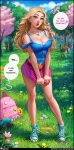  absurdres aqua_footwear aroma_sensei backpack bag bare_shoulders belt blonde_hair blue_eyes blue_shirt blush breasts breasts_squeezed_together camisole cleavage collarbone contrapposto embarrassed english_text forehead forest frilled_shirt frills full_body grass haley_(stardew_valley) harvey_(stardew_valley) high_tops highres jewelry large_breasts long_hair looking_at_viewer maru_(stardew_valley) midriff_peek miniskirt mole mole_on_breast nature necklace open_mouth outdoors parted_hair penny_(stardew_valley) petals pink_skirt shirt shoes skirt skirt_hold skirt_tug sneakers socks solo_focus speech_bubble standing star_(symbol) stardew_valley v_arms wavy_hair white_socks 