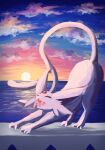  7_phi_3 animal_focus cat_stretch closed_eyes cloud cloudy_sky dawn espeon forehead_jewel forked_tail highres horizon no_humans open_mouth pokemon pokemon_(creature) sky smile stretching sun tail teeth 