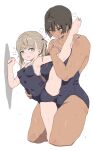  2girls against_wall barefoot black_one-piece_swimsuit blue_eyes breasts brown_hair covered_navel dark-skinned_female dark_skin height_difference highres kei_(m_k) large_breasts leg_up m_k multiple_girls one-piece_swimsuit original red_eyes rika_(m_k) short_hair simple_background small_breasts soles standing standing_on_one_leg sweat swimsuit tan thighs toes twintails white_background yuri 