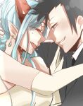  1boy 1girl absurdres black_hair blue_hair crying eye_contact grey_suit grin hand_on_another&#039;s_chest hetero highres horns light_blue_hair looking_at_another lv1_maou_to_one_room_yuusha makura3340 maou_(lv1_maou_to_one_room_yuusha) max_(lv1_maou_to_one_room_yuusha) pointy_ears red_eyes red_horns sideburns smile suit third_eye upper_body 