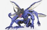  claws colored_skin digimon digimon_(creature) digimon_adventure full_body grey_background highres horns huge_horns insect_wings kabuterimon monster multiple_hands multiple_wings muscular no_humans open_mouth ryouseirui sharp_teeth single_horn solo spread_wings teeth wings 