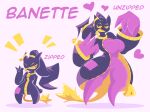  &lt;3 3_fingers anthro banette big_breasts black_clothing breasts clothing female fingers generation_3_pokemon mega_banette mega_evolution nintendo pixcello pokemon pokemon_(species) purple_body size_difference smaller_female smile solo tail taller_female yellow_eyes zipper zipper_down zipper_mouth 