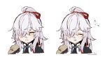  1boy absurdres blush_stickers closed_eyes closed_mouth commentary_request cropped_torso facing_viewer grey_hair hair_over_one_eye hair_ribbon high_ponytail highres honkai:_star_rail honkai_(series) jing_yuan long_hair male_focus multiple_views ponytail red_ribbon ribbon sidelocks signature simple_background smile sofra translation_request twitter_username upper_body white_background yellow_eyes 