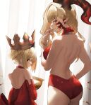  absurdres alternate_costume ass bare_back blonde_hair bracelet braid braided_bun breasts crown dress dual_persona fate/grand_order fate_(series) hair_bun highres holy_grail_(fate) horns jewelry large_breasts looking_at_viewer looking_back nero_claudius_(fate) phaethonvt pointy_ears queen_draco_(fate) queen_draco_(third_ascension)_(fate) red_dress red_eyes red_nails 
