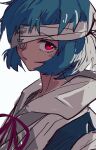  1girl ayanami_rei bandage_over_one_eye blue_hair closed_mouth expressionless highres looking_at_viewer neon_genesis_evangelion nzeneee portrait red_eyes red_ribbon ribbon school_uniform shirt short_hair solo tokyo-3_middle_school_uniform white_shirt 