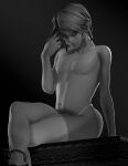  3d_(artwork) clothed clothing digital_media_(artwork) ear_piercing ear_ring fugtrup greyscale hair humanoid humanoid_pointy_ears hylian legwear link male monochrome navel nintendo nipples piercing ring_piercing sitting solo the_legend_of_zelda thigh_highs topless 