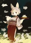  1girl absurdres animal animal_ears animal_on_arm apron blonde_hair blunt_bangs bright_pupils dark_background grass hand_up headwear_request highres holding holding_plate japanese_clothes kimono long_sleeves looking_at_viewer night obi obiage obijime open_mouth original outdoors pale_skin plate rabbit rabbit_ears rabbit_girl red_apron red_eyes sakutake_(ue3sayu) sash short_hair smile solo white_kimono white_pupils wide_sleeves 