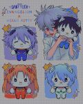  absurdres ayanami_rei blue_hair bodysuit closed_eyes hello_kitty highres holding ikari_shinji nagisa_kaworu neon_genesis_evangelion orange_hair pilot_suit plugsuit red_bodysuit red_eyes sad sainttufa sanrio short_hair smile souryuu_asuka_langley star_(symbol) white_bodysuit 