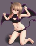  1girl barefoot bat_wings bikini black_bikini brown_eyes brown_hair cleavage_cutout clothing_cutout demon_girl demon_tail demon_wings flat_chest grey_background halterneck head_wings heart_cutout kantai_collection navel one-hour_drawing_challenge ray.s short_hair short_hair_with_long_locks simple_background solo swimsuit taihou_(kancolle) tail turtleneck w_arms wings 