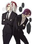  2boys belt black_belt black_jacket black_necktie black_pants black_suit crossed_arms earrings formal green_eyes heartsteel_kayn heartsteel_yone highres jacket jewelry kayn_(league_of_legends) league_of_legends long_hair male_focus multicolored_hair multiple_boys necktie official_alternate_hairstyle pants ponytail purple_hair red_hair shirt short_hair simple_background smile standing suit two-tone_hair white_background white_hair white_shirt yone_(league_of_legends) zyrophin 