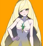  1girl bare_arms blonde_hair blunt_bangs breasts commentary covered_collarbone dress drunkoak eyelashes gradient_dress green_eyes hand_on_own_hip long_hair looking_at_viewer lusamine_(pokemon) multicolored_hair orange_background parted_lips pokemon pokemon_(game) pokemon_sm smile solo streaked_hair upper_body white_dress 