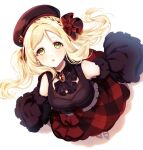  1girl alternate_hairstyle ascot blonde_hair braid breasts brooch chestnut_mouth commentary crown_braid detached_sleeves eyelashes flat_cap from_above hair_ornament hat highres jewelry long_hair looking_at_viewer love_live! love_live!_sunshine!! medium_breasts nky4321 ohara_mari parted_lips plaid plaid_skirt red_headwear red_shirt red_skirt shirt shooting_star_warrior_(love_live!) simple_background single_bang skirt sleeveless sleeveless_shirt solo tareme twintails white_background yellow_eyes 