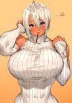  1girl 23_(real_xxiii) absurdres ahoge arm_behind_head bare_shoulders blue_eyes blush bracelet breasts covered_navel covered_nipples dark-skinned_female dark_skin dated detached_sleeves food food_in_mouth furrowed_brow hair_between_eyes highres huge_breasts jewelry looking_at_viewer orange_background original pocky pocky_day pocky_in_mouth ribbed_sleeves ribbed_sweater ring sela_(23) short_hair sleeveless sleeveless_turtleneck solo sweatdrop sweater turtleneck upper_body white_sleeves white_sweater 