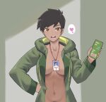  1girl :d black_hair blush breasts brown_eyes butter-t cellphone commentary_request dark-skinned_female dark_skin dc_comics drawstring exhibitionism female_pubic_hair green_background green_jacket groin hand_on_own_hip hand_up heart holding holding_phone hood id_card jacket lanyard light_blush lois_lane looking_at_viewer medium_breasts my_adventures_with_superman naked_jacket navel no_bra no_panties open_clothes open_jacket open_mouth out-of-frame_censoring phone pubic_hair pubic_hair_peek public_indecency short_hair smartphone smile solo speech_bubble spoken_heart straight-on superman_(series) swept_bangs teeth thai_commentary tomboy toned underboob upper_body very_short_hair 