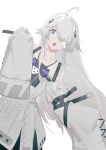  1girl absurdres ahoge bandage_over_one_eye bare_shoulders belt black_belt blue_eyes detached_sleeves dress grey_dress grey_hair grey_sleeves hair_over_one_eye highres huang_(volt0526) long_hair looking_at_viewer no.21:_xxi_(punishing:_gray_raven) no.21_(punishing:_gray_raven) open_mouth punishing:_gray_raven red_pupils sidelocks sleeves_past_fingers sleeves_past_wrists solo very_long_hair white_background wide_sleeves 