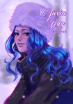  1girl absurdres annlu_vazzel artist_name black_eyes black_sweater blue_hair blurry blurry_background character_name dated fairy_tail from_side fur_hat grin hat highres juvia_lockser long_hair looking_at_viewer smile snow solo sweater teeth 