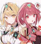  2girls ayametoru bare_shoulders blonde_hair bob_cut breasts chest_jewel dress drop_earrings earrings highres impossible_clothes jewelry large_breasts long_hair multiple_girls mythra_(massive_melee)_(xenoblade) mythra_(xenoblade) neon_trim pyra_(xenoblade) red_eyes red_hair short_dress short_sleeves skindentation skirt sleeveless sleeveless_dress super_smash_bros. swept_bangs tiara upper_body very_long_hair white_dress white_skirt xenoblade_chronicles_(series) xenoblade_chronicles_2 yellow_eyes 