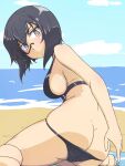  1girl back beach black-framed_eyewear black_eyes black_hair black_one-piece_swimsuit blue_sky blush bob_cut breasts butt_crack closed_mouth cloud cloudy_sky commentary day from_behind girls_und_panzer highres kawashima_momo leaning_to_the_side light_frown looking_at_viewer looking_back monocle ocean one-piece_swimsuit outdoors renshiu semi-rimless_eyewear short_hair sideboob sitting sky slingshot_swimsuit solo swimsuit under-rim_eyewear wariza 