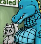  2023 alligator alligatorid anthro azrael_(tertia) azurlligator black_nose blue_body blue_eyes blue_lipstick blue_scales blush breasts bulging_neck canid canine canis chest_tuft cleavage clothed clothing crocodilian digital_drawing_(artwork) digital_media_(artwork) duo eyebrows eyelashes fangs female fur girl_staring_at_man&#039;s_chest green_wall grey_body grey_fur grey_hair hair half-closed_eyes hi_res inner_ear_fluff interspecies large_pecs larger_male lips lipstick looking_at_another looking_at_partner looking_down makeup male male/female mammal multicolored_body multicolored_scales muscular muscular_anthro muscular_male narrowed_eyes nathile_tiduna nippleless nipples pecs pink_nipples ponytail pupils reptile scales scalie scutes shirt sign size_difference skywater slit_pupils smaller_female snout teeth topless topless_anthro topless_female topless_male topwear tuft wall_(structure) wavy_hair wolf yellow_scutes 