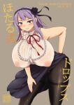  black_pantyhose breasts comiket_89 cover cover_page covered_nipples dagashi_kashi doujin_cover english_text flower frills hair_flower hair_ornament hairband hand_on_hip high-waist_skirt huge_breasts leaning_forward medium_hair miyabikawa_sakura mole mole_under_mouth nail_polish nipples pantyhose purple_eyes purple_hair red_nails red_ribbon ribbon see-through see-through_shirt shidare_hotaru shiny_clothes shirt skirt sleeveless sleeveless_shirt white_shirt 