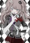  1girl :p absurdres bear_hair_ornament black_background blonde_hair blood blood_on_face blush bow breasts commentary_request danganronpa:_trigger_happy_havoc danganronpa_(series) enoshima_junko grey_eyes hair_ornament highres long_hair medium_breasts miniskirt nail_polish pink_blood qian_(ochaatui33) red_bow red_nails red_skirt shirt short_sleeves skirt smile solo tongue tongue_out translation_request v white_background 