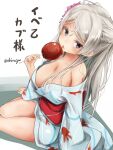  1girl akino_shuu barefoot blue_kimono breasts brown_eyes candy_apple cleavage conte_di_cavour_(kancolle) food grey_hair holding holding_food japanese_clothes kantai_collection kimono large_breasts long_hair long_sleeves obi official_alternate_costume sash solo tongue tongue_out twitter_username wide_sleeves 