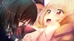 2girls black_hair blonde_hair breasts cleavage close-up couch face_to_breasts gc3 highres inoue_takina large_breasts long_hair lycoris_recoil multiple_girls nishikigi_chisato open_mouth orange_eyes purple_eyes upper_body yuri 