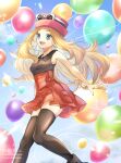  1girl :d balloon bare_arms blonde_hair blue_eyes brown_thighhighs commentary_request day eyelashes hat high-waist_skirt long_hair open_mouth outdoors pink_headwear pokemon pokemon_(game) pokemon_xy serena_(pokemon) shirt skirt sleeveless sleeveless_shirt smile solo sunglasses teeth thighhighs upper_teeth_only watermark white-framed_eyewear yomogi_(black-elf) 