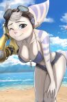  anonymous_artist beach big_breasts blue_eyes bottomwear breasts clothed clothing cloud ear_piercing eyewear eyewear_on_head female fur goggles goggles_on_head hi_res lombax mammal piercing ratchet_and_clank rivet_(ratchet_and_clank) robotic_arm sand seaside shorts smile smiling_at_viewer solo sony_corporation sony_interactive_entertainment take white_body white_fur 