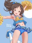  1girl armpits arms_up ass_visible_through_thighs blue_buruma blue_footwear blue_shirt blue_skirt breasts brown_eyes brown_hair buruma buruma_under_skirt cheerleader idolmaster idolmaster_cinderella_girls idolmaster_cinderella_girls_u149 jumping kneehighs legs_up long_hair looking_at_viewer midriff miniskirt navel open_mouth pom_pom_(cheerleading) ponytail puddinghomhom ribbon shirt shoes skirt sleeveless sleeveless_shirt small_breasts smile socks solo tachibana_arisu thighs white_socks wind wind_lift 