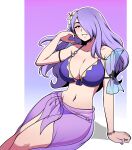  1girl absurdres bikini bracelet breasts camilla_(fire_emblem) camilla_(summer)_(fire_emblem) cleavage collarbone commentary_request cowboy_shot curvy fire_emblem fire_emblem_fates fire_emblem_heroes flower hair_flower hair_ornament hair_over_one_eye hand_on_own_chin highres jam-orbital jewelry large_breasts long_hair looking_at_viewer nail_polish navel o-ring o-ring_bikini o-ring_bottom official_alternate_costume purple_background purple_hair purple_nails purple_sarong red_eyes sarong see-through_sarong sitting smile solo swimsuit wavy_hair 