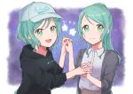  2girls aqua_hair bang_dream! baseball_cap black_hoodie braid green_eyes grey_jacket hat highres hikawa_hina hikawa_sayo holding_hands hood hoodie jacket jewelry kirima_(zs_at_) long_hair looking_at_viewer medium_hair multiple_girls necklace ponytail shirt starry_background twin_braids white_headwear white_shirt 