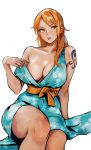  1girl blue_dress breasts cleavage dress highres large_breasts nami_(one_piece) one_piece orange_eyes orange_hair simple_background tattoo vcais white_background 