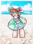  1girl alternate_costume beach bikini bikini_top_only blue_eyes blue_innertube blue_sky blush blush_stickers bow braid breasts bright_pupils chibi cleavage cloud commentary_request cookie_(touhou) day frilled_bikini frills full_body hair_bow hat hat_bow highres hiyouen_kitsune holding holding_innertube horizon innertube kirisame_marisa looking_at_viewer medium_bangs meguru_(cookie) navel ocean open_mouth outdoors purple_bow red_bow seashell shell short_hair shorts side_braid single_braid sky small_breasts smile solo standing starfish swimsuit thick_eyebrows touhou triangle_mouth white_bikini white_headwear white_pupils white_shorts 