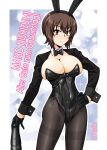  1girl animal_ears birthday black_leotard black_pantyhose blush bow bowtie breasts brown_eyes brown_hair cleavage closed_mouth covered_navel dated fake_animal_ears girls_und_panzer hand_on_own_hip happy_birthday highres large_breasts leotard looking_at_viewer nishizumi_maho oosaka_kanagawa pantyhose playboy_bunny rabbit_ears short_hair solo tank_shell 