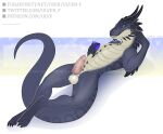  anthro balls blue_body come_here condom dragon genitals green_eyes inviting inviting_to_sex knot lying male penis ravey_yurikai_silverclaw_(raverdragon93) safety scalie sexual_barrier_device smile solo ulven-f western_dragon 