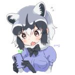  1girl black_bow black_bowtie blue_sweater blush bow bowtie brown_eyes cellphone common_raccoon_(kemono_friends) cthun_n elbow_gloves extra_ears fang flying_sweatdrops fur_collar gloves grey_gloves grey_hair hair_between_eyes kemono_friends multicolored_hair open_mouth phone puffy_short_sleeves puffy_sleeves short_hair short_sleeves sidelocks smartphone solo sweater upper_body white_fur 