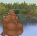  anthro bear big_butt brown_bear butt casual_nudity day fat_bear fat_belly female half_submerged hi_res lake light mammal nude obese obese_anthro obese_female overweight overweight_anthro overweight_female partially_submerged plant scenery skunk_bunk small_tail solo standing_in_water sunlight tail tree ursine water 