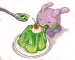  ambiguous_gender cherry cutlery eating feral food fruit generation_6_pokemon goomy hi_res jelly_(food) kitchen_utensils nintendo oisisabatugun plant pokemon pokemon_(species) solo spoon tools 