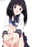  1girl absurdres black_hair blue_neckerchief blue_sailor_collar blue_skirt chitanda_eru feet_out_of_frame highres hyouka kamiyama_high_school_uniform_(hyouka) knees_together_feet_apart long_hair long_sleeves looking_at_viewer neckerchief open_mouth own_hands_together pleated_skirt purple_eyes sailor_collar school_uniform serafuku shirt simple_background sitting skirt solo straight_hair thighs twitter_username white_background white_gorilla_(okamoto) white_shirt 