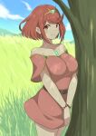  1girl absurdres bare_shoulders belt belt_buckle blue_sky bracelet breasts brown_belt buckle chest_jewel closed_mouth commentary_request cowboy_shot dress earrings grasslands highres jewelry looking_at_viewer medium_breasts pink_dress pyra_(xenoblade) red_eyes red_hair ryochan96154 short_sleeves sky smile solo strapless strapless_dress swept_bangs tiara tree xenoblade_chronicles_(series) xenoblade_chronicles_2 